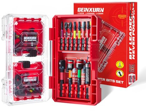 Geinxurn 52Pcs Impact Screwdriver Bits Set, Magnetic S2 Steel 1”/2” Phillips/Square/Torx/Slotted/Hex Bits Tips,Impact Bit Holder and Nut Driver and Socket Adapter Set with Red Storage Box Case
