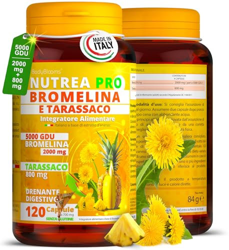 Bromelina extra forte drenante 5000 gdu/g+Tarassaco drenante NUTREAPRO®.Bromelina Forte Drenante 120cps.Azione Drenante forte dimagrante anticellulite,pancia piatta,diuretico drenante forte dimagrante