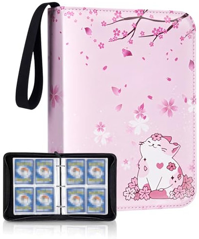 SCBOY Karten Sammelalbum Sammelkarten Album mit Reissverschluss Halten von 400 Karten 50 Seit Kompatibel Diverse Karten Geschenk Für Kinder (Rosa Katze)