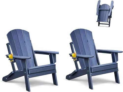 ATR Klappbar Adirondack Stuhl Set of 2,Adirondack Chair Kunststoff mit Getränkehalter,Wetterfester Gartenstuhl Outdoor Sessel, Relaxsessel Plastik Garten Terrasse,Navyblau
