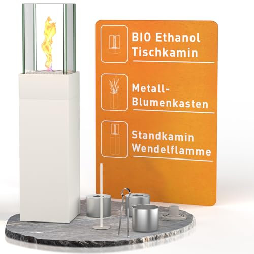 3 IN 1 Ethanol Standkamin 89cm Wendelflamme Abnehmbare Ethanolkamine, Tischkamin für Indoor und Outdoor - Bioethanolkamin aus Edelstahl Füllmenge von Unendliche Brenndauer(weiß)