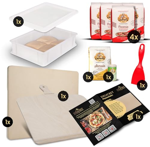 DELICRET Pizza Bundle – Pizzastein für Backofen 33x38cm + Original Caputo Starter-Kit (5x Mehl, Hefe, Box, Spachtel, Rezept) – Für echte neapolitanische Pizza zuhause – bei 250°C