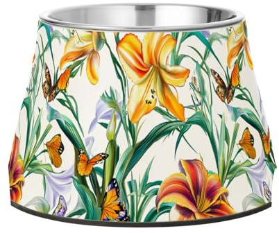 Cute Lily White Flowers Pets Water&Food Bowls with Stand Stainless Steel Cats Food Dish for Slow Feed Dogs Whisker Friendly
