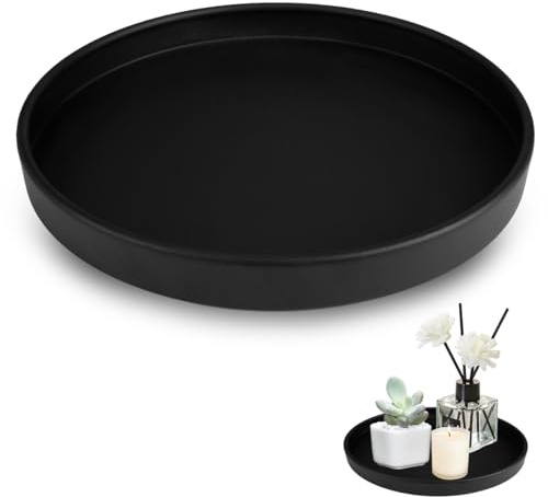 Deko Tablett Rund, Dekotablett Schwarz, Serviertablett Rund, Dekotablett | Dekoteller, Metall Dekotablett, Anti-Rutsch, für Wohnzimmer, Badezimmer, Kosmetik, Schmuck, Kerzen, Vasen (Matt, Ø 20 cm)