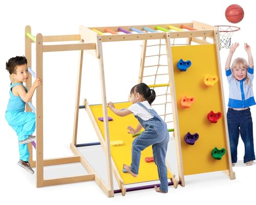 COSTWAY Indoor Climbing Frame for Toddlers, 6-in-1 Wooden Kids Jungle Gym with Slide, Rock Climbing Wall, Basketball Hoop, Monkey Bar, Rope Net, Ladder (Multicolor)