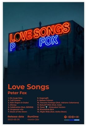 Peter Fox Kunstposter Hip Hop Musikalbum Love Songs Cover Tracklist Stilvolle Rapper Sänger Fans Geschenk Rap-Rap Raumdekor Leinwand Poster Wandkunst Dekor Druck Bild Gemälde für Wohnzimmer