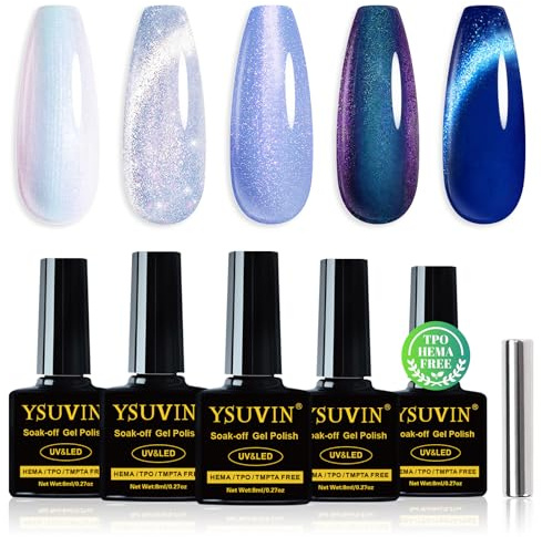 Yueshop Gel Nail Polish, 5 Colors Galaxy Blue Shimmer Gel Polish Nail Art | HEMA FREE TPO FREE, Opal White Blue Aurora Chameleon Dark Blue Gel Nail Varnish Soak off UV LED, Manicure Home DIY, 8ml