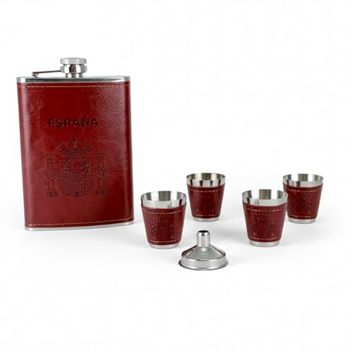 Pataca de 227ml con 4 vasos y embudo de Acero inoxidable y Cuero sintetico marrón Nombre y escudo de España Whisky, Ron, Vodka a Prueba de Fugas, de Bolsillo para Viajar.