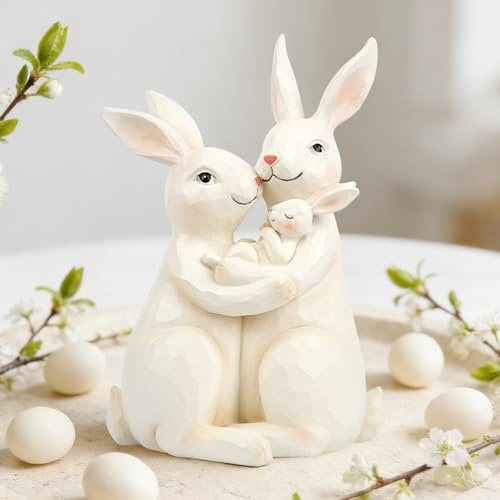 Timasser Keramik Deko Osterhasen Weiß Osterfiguren mit 3er Kaninchen 3D Osterhase Dekofiguren Frühling aus Harz für Balkon Fee Garten Ornament Geburtstag Ostern Party Tischdekoration (A)