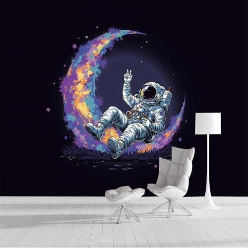 Fototapete Astronaut Sichelmond 300x210cm, Science-Fiction-Universum Seide Tapeten Wohnzimmer TV Hintergrund Wandtapete Poster Bilder Wand Deko, Noir