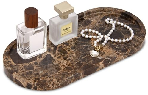 Natural Marble Tray Oval, Dark Brown, 30 x 15 x 2 cm | Bathroom Vanity Tray for Countertop, Stone Decorative Organizer for Perfume, Jewelry, cosmetics, Home Decor