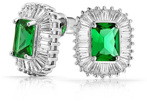 Deco Stil Grünes Rechteck CZ Baguette Halo Simulierter Smaragdschliff Zirkonia Ohrstecker Versilbertes Messing
