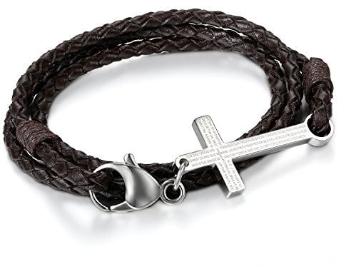 Cupimatch Men Stainless Steel Bible Lords Prayer Cross Rope Wrap Leather Cuff Bracelet for Fathers Day