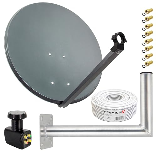 Premium X Satelliten-Komplettanlage 80cm Satellitenschüssel ALU Quad LNB 50m Kabel F-Stecker 45cm Wandhalter, SAT bis 4 Teilnehmer
