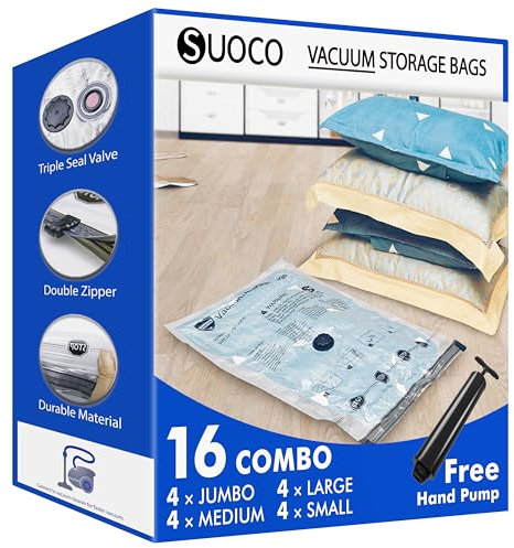 SUOCO Sacchetti Sottovuoto Vestiti con Pompa Manuale, 4 Jumbo, 4 Large, 4 Medium e 4 Small, Sacchi Salvaspazio per Vestiti, Piumoni, Coperte e Viaggi