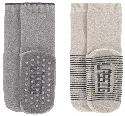 LÄSSIG Unisex Kinder Anti-Rutsch Socken 2er Set/ Grey-Beige Größe 23-26