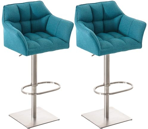 CLP 2er Set Barhocker Damaso Stoffbezug I Gepolsterte Barstühle höhenverstellbar und drehbar I Tresenstühle mit Rückenlehne, Farbe:türkis, Gestell Farbe:Edelstahl