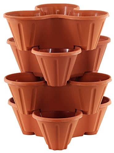 GEEZY Set of 4 Stackable Strawberry Planter – Terracotta Brown, Tiered Planters for Outdoor Vertical Gardening, Space-Saving Durable Pots for Gardens, Patios, Balconies – Ideal for Herbs & Plants