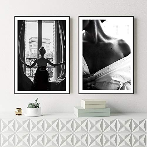 Wfmhra Nordische Schwarz-Weiß-Fenster Mädchen Leinwand Malerei hübsche Frau Plakate und Drucke Wandkunst Bilder Home Wohnzimmer Dekoration 50x70cm Rahmenlos