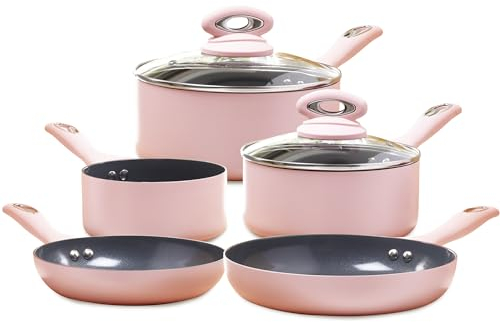 Cermalon Blush Pink 5-Piece Ceramic Cookware Set - Includes 2X Frying Pans and 3X Saucepans with Grey Sparkle Ceramic Non-Stick Coating - Compatible for All Types of Hobs - PTFE and PFOA Free