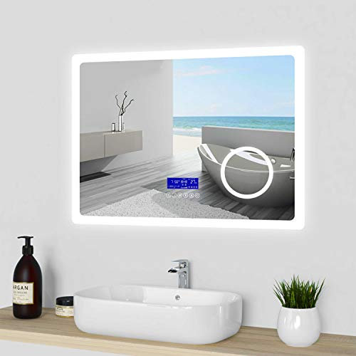 Acezanble Miroir de Salle de Bain 80cmx60cm Multifonctionnel avec LED Bicolore + Anti-buée + Panneau LCD (Tactile, Haut-Parleurs Bluetooth, Horloge, Date, Température) + Miroir grossissant IP44