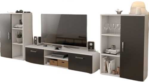 Per la vita Wohnwand Herkules, Schrankwand Wohnzimmer Modern, Wohnzimmerschrank mit Fernsehtisch, Sideboard und Wandregal Wohnzimmer Komplett Möbel - Sonoma/Weiß/Schwarz