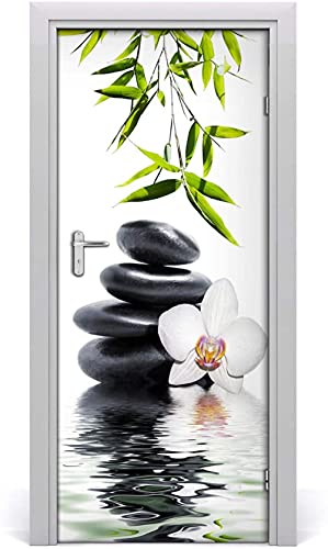 Türaufkleber 3D Wandbild Türposter Pvc Abnehmbar Selbstklebend Türtapete Orchidee Und Steine Wasserdichte Wallpaper Wandwandaufkleber Haus Dekoration 90X200Cm