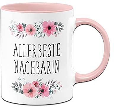 Tassenbrennerei Original - Tasse mit Spruch Allerbeste Nachbarin mit Blümchen als Geschenk (Rosa, Nachbarin)