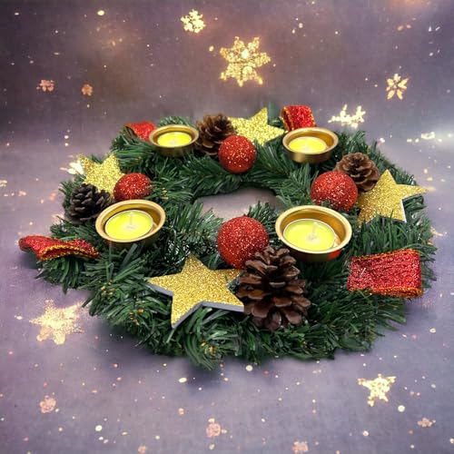 Künstlicher Adventskranz Adventkranz Weihnachten Kranz für Teelichter fertig dekoriert mit Tannenzapfen Glitzer-Sternen Glitter-Kugeln Schleifenbändern mit 4 Teelicht-Kerzenhalter, Ø 30 cm