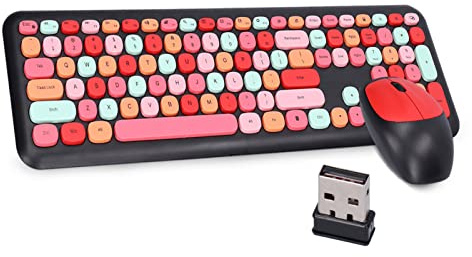 Kabellose 2,4-G-Tastatur und Maus-Kombination, Bunte Runde Tastenkappen, Niedliche ästhetische Tastatur, 110 Tasten in Voller Größe, QWERTY-Schreibmaschinentastatur(Schwarz gemischt)
