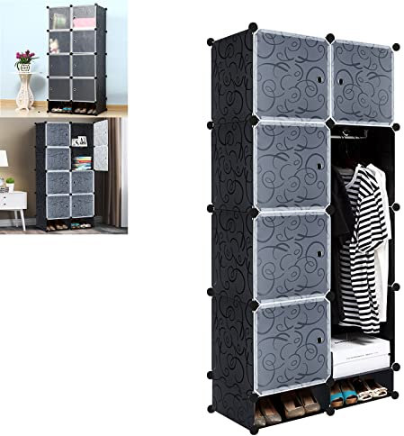YARDIN Kleiderschrank DIY Plastik Regalsystem Kunststoff-Garderobe mit Hängefläche Garderobenschrank mit Tür,8 Fächer mit 2 Schuhschrank,(157x70x35cm Schwarz mit Muster)