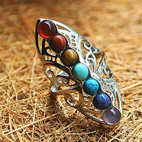 DarryDooly , Vergoldeter 7 Chakra-Heilungs-Hohldaumen-Reiki-Naturstein-Ring für Frauen, Verstellbarer Ring, Boho-Schmuck