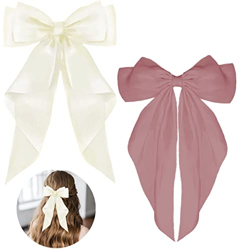 ZEVONDA Haarschleifen Clips - Haarspangen mit Großer Schleife Einfarbige Haarnadel mit Schleife Haarspangen Accessoires für Mädchen Frauen, Milchig weiß + Rosa (2PCS)