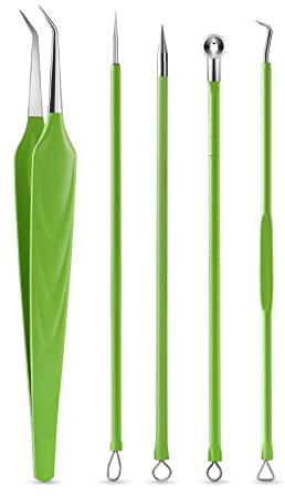 FVION 5 Stücke Mitesserentferner Komedonenquetscher Set, Pickel Ausdrücken Werkzeug, Pinzette Mitesser Entferner mit Akne Blackhead Remover Werkzeug für Nasen Gesichts Pflege - Grün