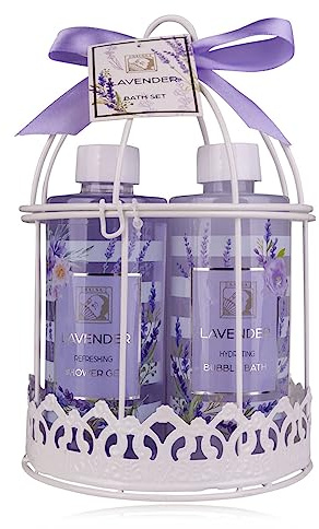 Accentra – Duschset Frauen Geschenkset LAVENDEL im schönem Drahtkorb, 4-teiliges Pflegeset mit Duschgel, Bodylotion, Schaumbad uvm. – Wellness Geschenk Set zum Geburtstag, Valentinstag & Weihnachten