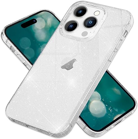 NALIA Glitzerhülle für iPhone 15 Pro - Hülle, Durchsichtig | Reflektierende Partikel im Material verschmolzen, Geschmeidige Oberfläche, Erhöhte Kanten an Kamera und Display