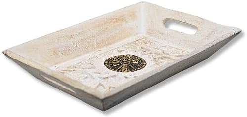 Diko.style® - Dekotablett Rechteckig Hholzschale Klein -24x15,5x4,5 cm- Holztablett dekoschale länglichc - orientalische deko boho- Holzbrett Deko - Dekotablett Holz - Weißes Lebensrad