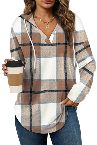 Bofell Halloween Sweatshirt Womens Long Sleeve Shirts Pullover Tops Oversized Hoodie Fall Outfits Brown Plaid S