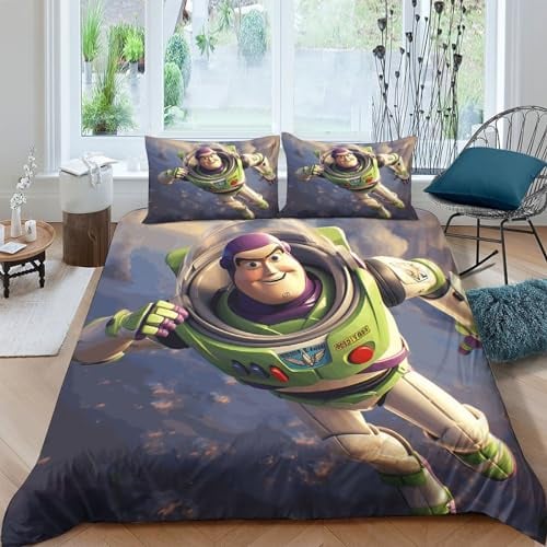 HITBOD Buzz Lightyear Bettwäsche Bettbezug Set Und Kissenbezug,für Jungen Und Mädchen,3D Digital Print Dreiteiliger Toy Story Bettwäsche,Mikrofaser Mit Reißverschluss King（220x240cm）