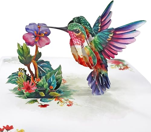 CUTPOPUP Kolibri mit lila Blumenkarte – Muttertagskarte, Valentinskarte, Geburtstagskarte Frau, Hochzeitskarte 3D-Gruß, Romantische Liebeskarte (Hummingbird with Purple Flower Card) US8-82DE