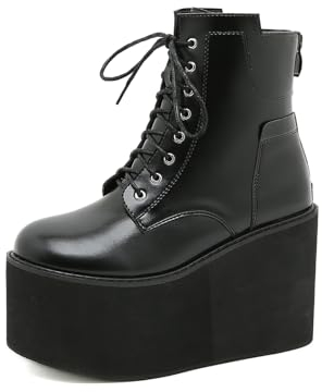 LeaHy Women Fashion Ankle Booties PU Leather Platforms Wedge High Heeled Boots Lace Up Ankle Boots Back Zip,Black,6 UK
