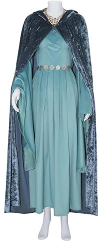 EDAUWAE Galadriel Damen-Kostüm, mittelalterliches Kostüm, Prinzessinnenkleid mit Kapuzenumhang, Herr Ring der Macht, Halloween-Outfits, Größe XL