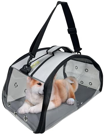 EVE Textile Hunde Tragetasche | Katzen Tragetasche | Hundetasche | Katzentasche | Hunde Umhängetasche | Katzen Umhängetasche | Atmungsaktive Tasche | Transparente Handtasche | 47x30x30 cm (Hellgrau)