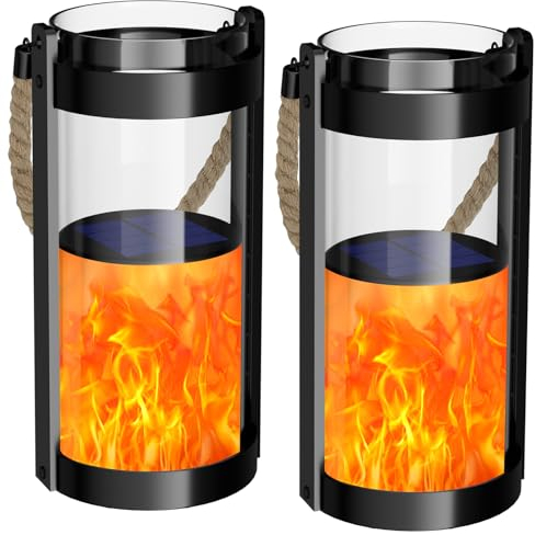 Solarlaterne für Außen, 2 Stück Solarlampen für Außen Garten Hängend Solar Laternen für Draußen mit Hanfseil IP54 Wasserdicht LED Solarleuchten für Drauße Garten Deko, Realistische Flammeneffekte