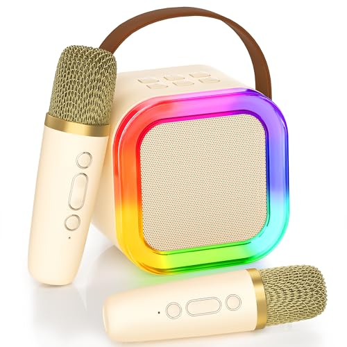 Ankuka Micro Karaoke Enfants avec 2 Micro sans Fil, Jouet Fille Karaoké 3-12 Ans Micro Enfant, Karaoké Bluetooth Portable avec Changement de Voix Magique et Lumière LED. (Beige)