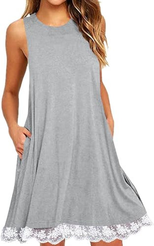 Damen Leichte Sommerkleid V-Ausschnit Swing Tank-Kleid Ärmellos Strandkleid Knielang mit Taschen Freizeitkleider Spitzenrand Einfarbig Damenkleid Tank Kleider A-Line Swing Kleider Partykleid