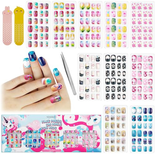 240 Piezas De Uñas Para Niños, Prepegamento,Cobertura Completa, Uñas Postizas Cortas,Sin Decoloración,Estable,Pegado Rápido En Uñas Postizas Para Niñas y Niños (Unicorno Glitterato, 240 PCS)