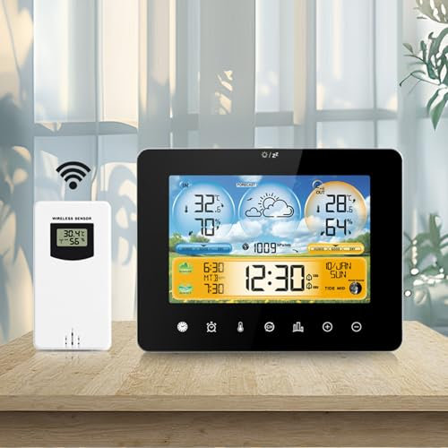 ALLOMN Wetterstation Kabellos mit Außensensor, Touch LCD Farbdisplay Digitale Kabellose Wetteruhr mit Sensor, Innen Außenthermometer, Hygrometer, Einstellbare Hintergrundbeleuchtung (B)