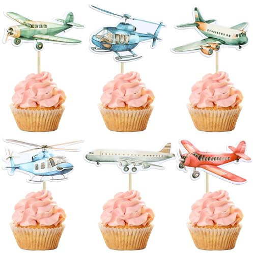 Gyufise 36Pcs Airplane Cupcake Toppers Glitter Plane Cupcake Picks for Baby Shower Aviation Fighter Theme Birthday Party Cake Decorations Supplies