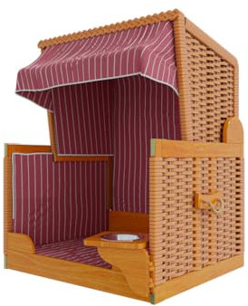 Outgarden Hundestrandkorb Kieferholz | Hundehütte inkl. Schützhülle | Schwenkbarer Wasser-/Futternapf | Sonnenschutz für Hunde & Katzen |Braun mit Rot-weißen| Perfekt für kleine Hunde